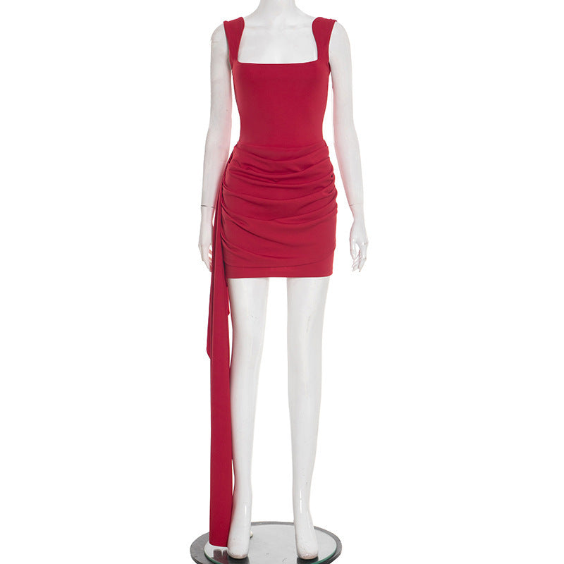 New Solid-color Square-neck Strap Sleeveless Dress