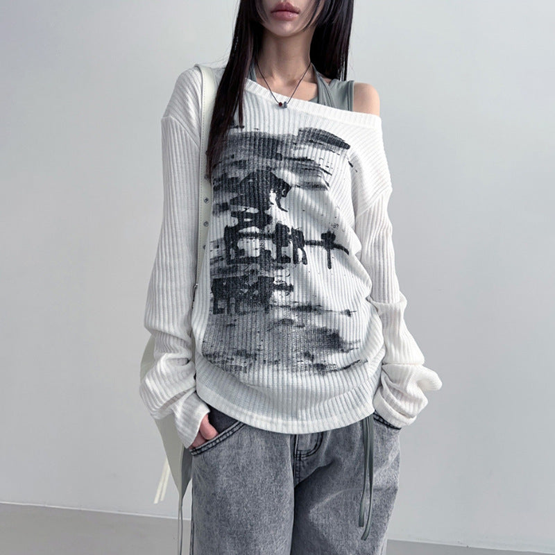 Personalized Distressed Print Diagonal Collar Loose Long-sleeve Women's Top