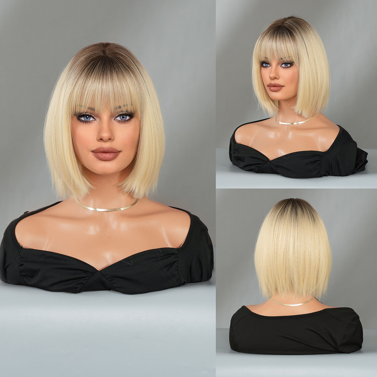Black Short Hair Bobhaircut Straight Bangs Chemical Fiber Wig