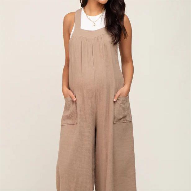 New Beige Wide Leg Lace-up Maternity Overalls