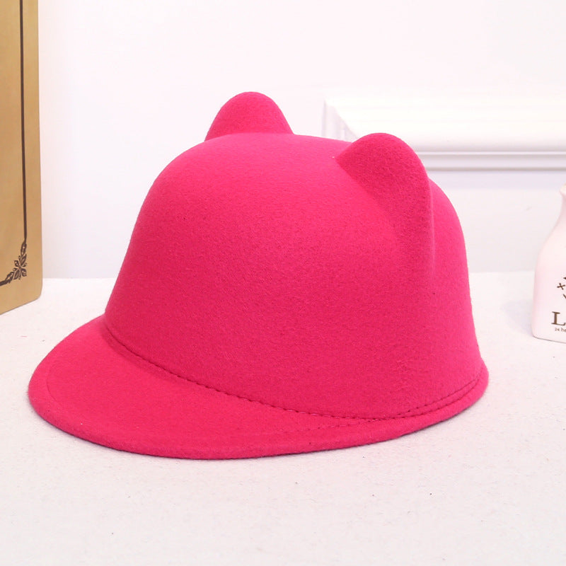 Women's Dome Retro Woolen Peaked Cap Cute Cat Ears Equestrian Hat