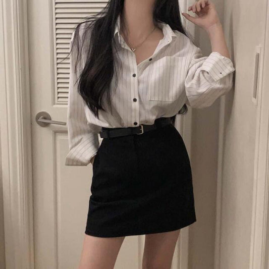 Retro Simple Striped Lapel Long Sleeve Shirt