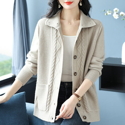 Covering Belly Thin Plus Size High Lapel Knitted Cardigan For Women