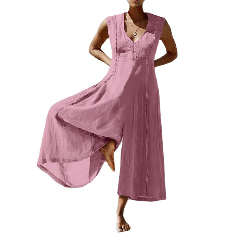 Loose V-neck Long Sleeveless Jumpsuit For Women