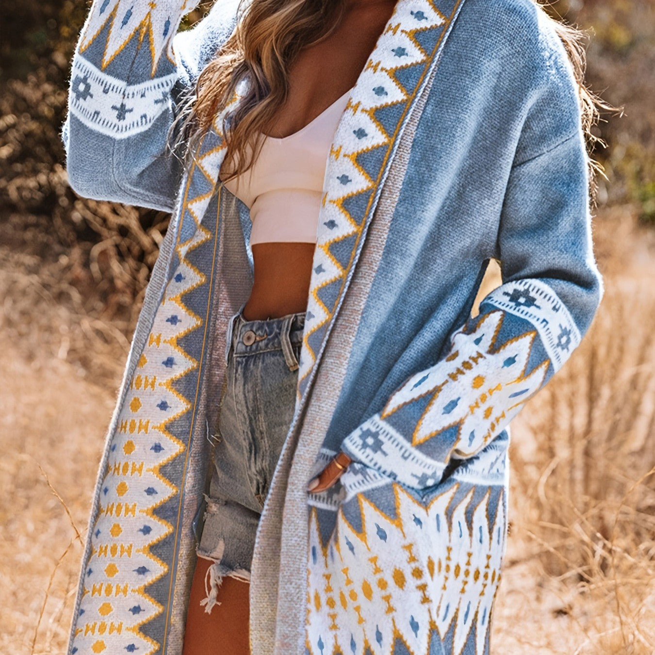Ethnic Style Printed Long Sleeve Knitted Sweater Cardigan Coat
