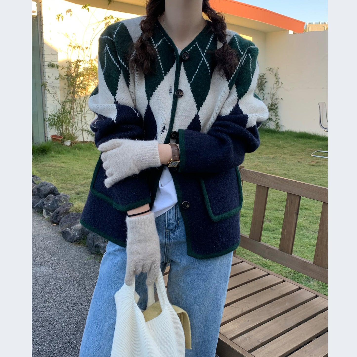 Vintage Rhombus Long Sleeve Knitted Cardigan Women