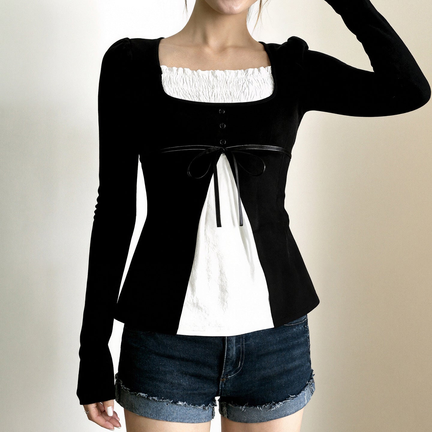 Sweet And Fresh Contrasting Color Patchwork Fake Two-Piece Slim-Fit Long-Sleeve T-Shirt