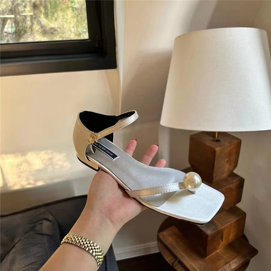 Nye fe-stil firkantet tå perle flip-flop sandaler til kvinder