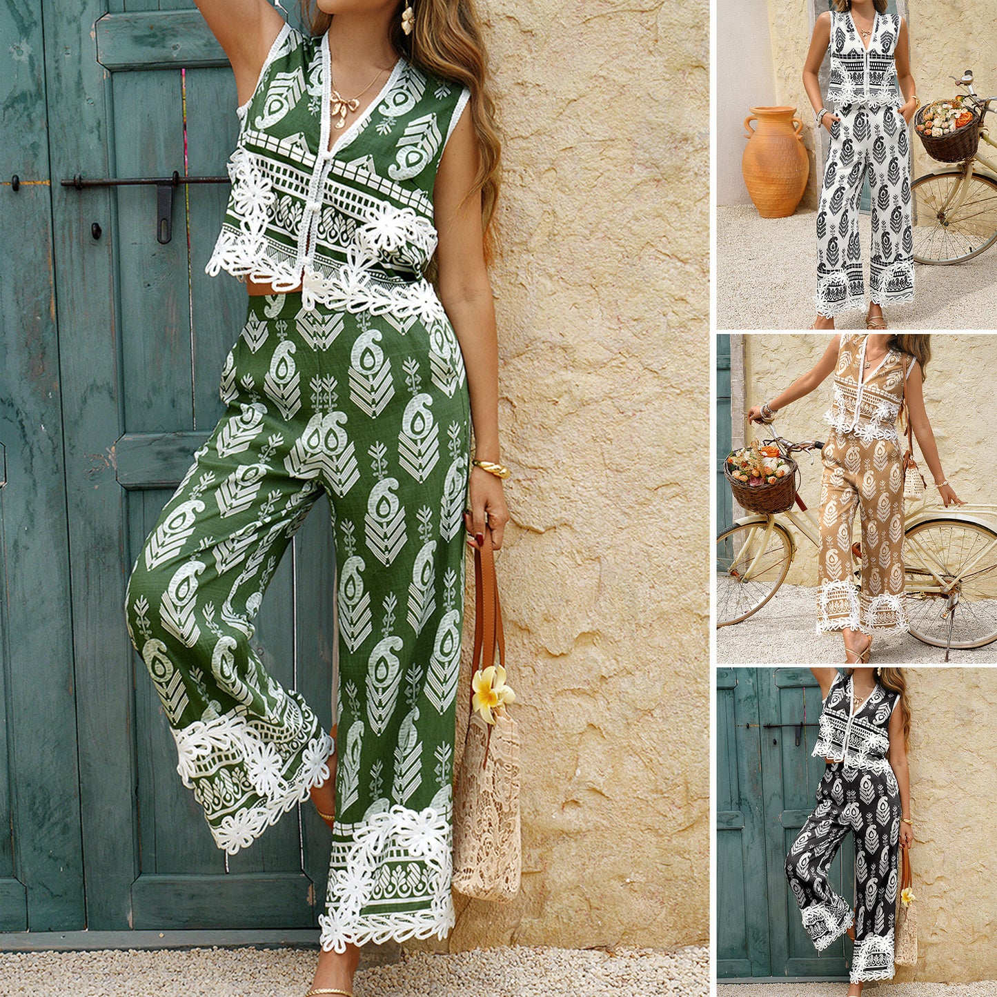 Casual Printed Color-block Vest Top And Pants Set Women's Clothing