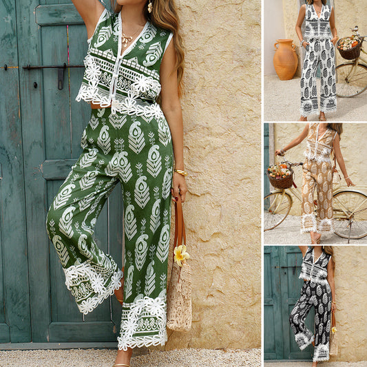 Casual Printed Color-block Vest Top And Pants Set Women's Clothing