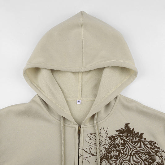 Women's Retro Print Loose Hooded Cardigan Sweater Coat