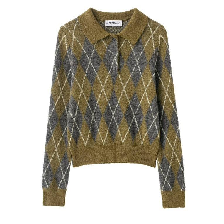 Women's Notched Lapel Long-sleeve Buttoned Diamond-patterned Knitted Sweater