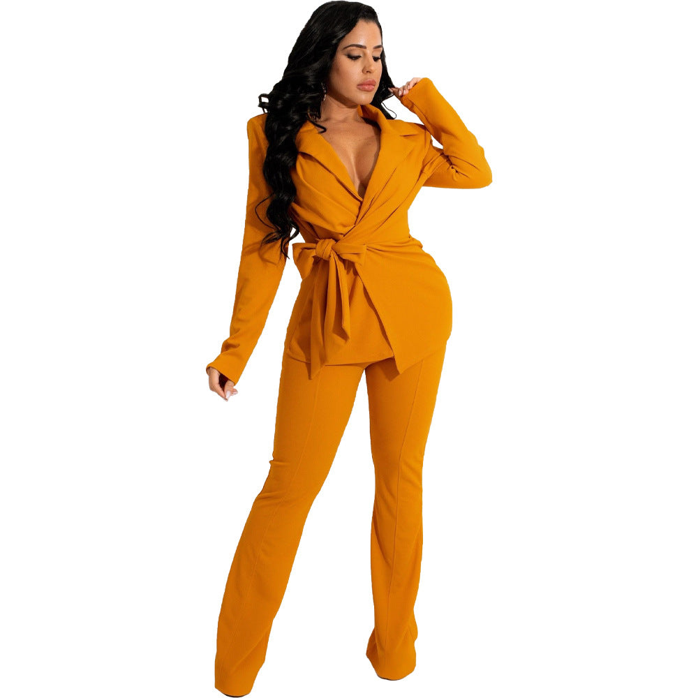 European And American Women's Stand Solid Color Fashion V-neck Two-piece Suit