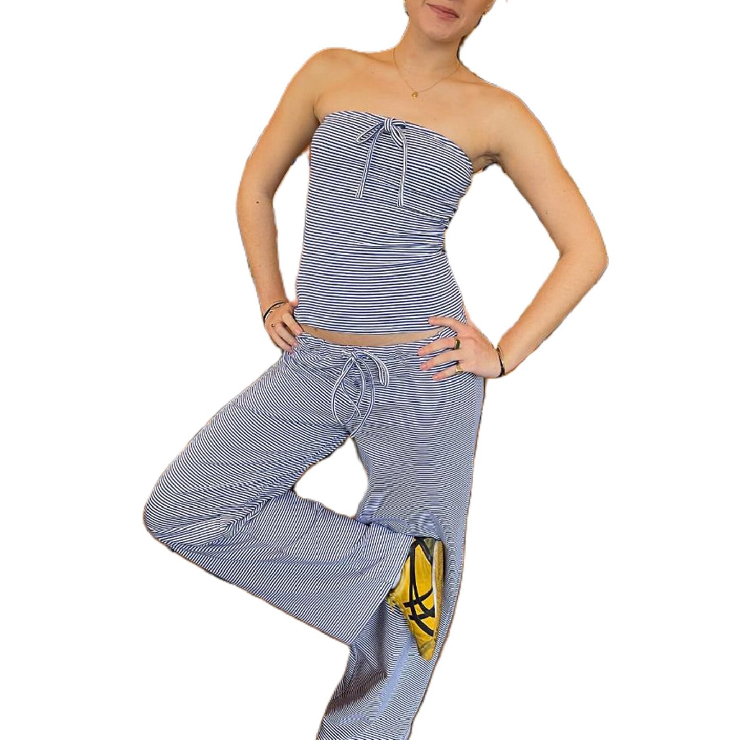 Printed Casual Striped Knitted Tube Top And Lace Up Pants Set