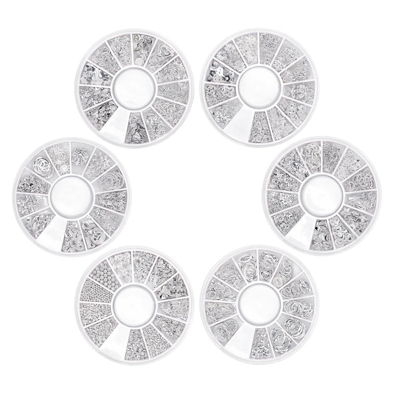 Silver Rivet Xingyue Metal Alloy Nail Box Rhinestone 12 Grid Sequins