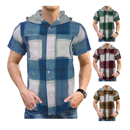 Casual Hooded Business Men's Short-sleeved Plaid Shirt