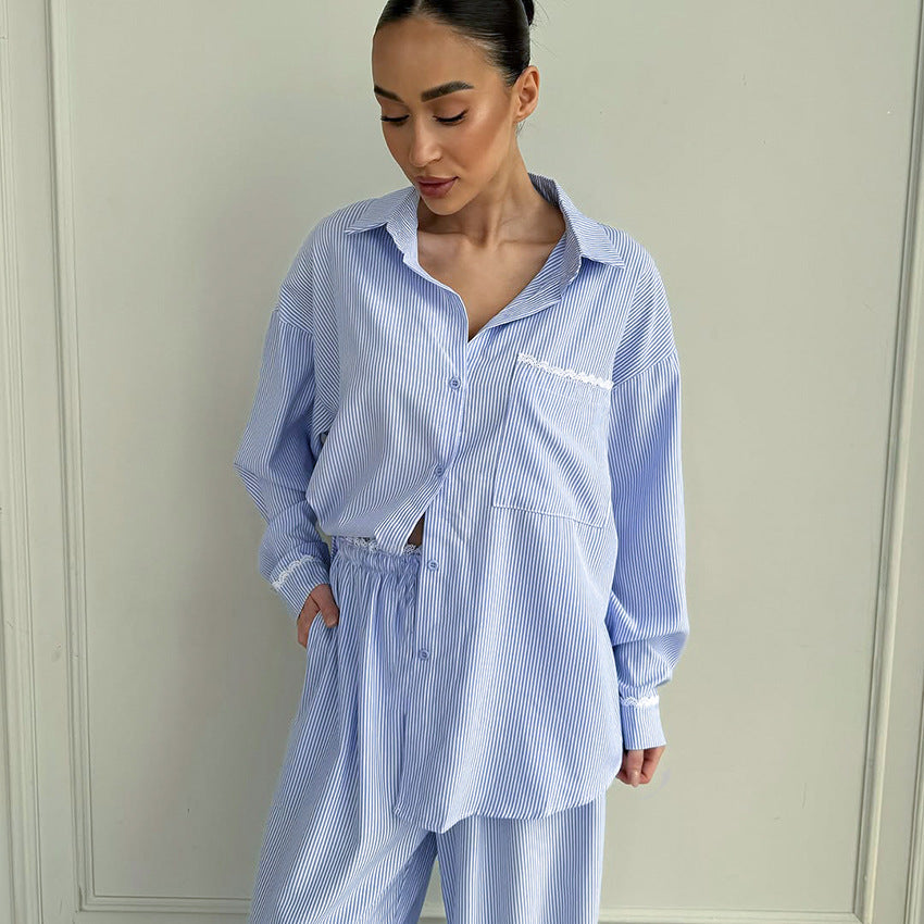 Womens Comfortable Striped Pajama Set With Long Sleeves And Long Pants