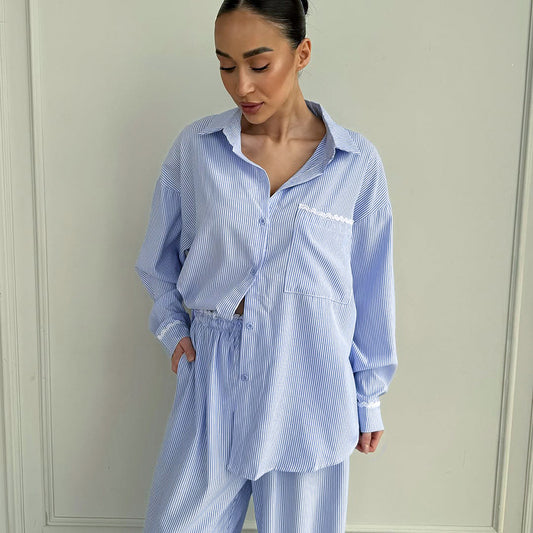 Womens Comfortable Striped Pajama Set With Long Sleeves And Long Pants