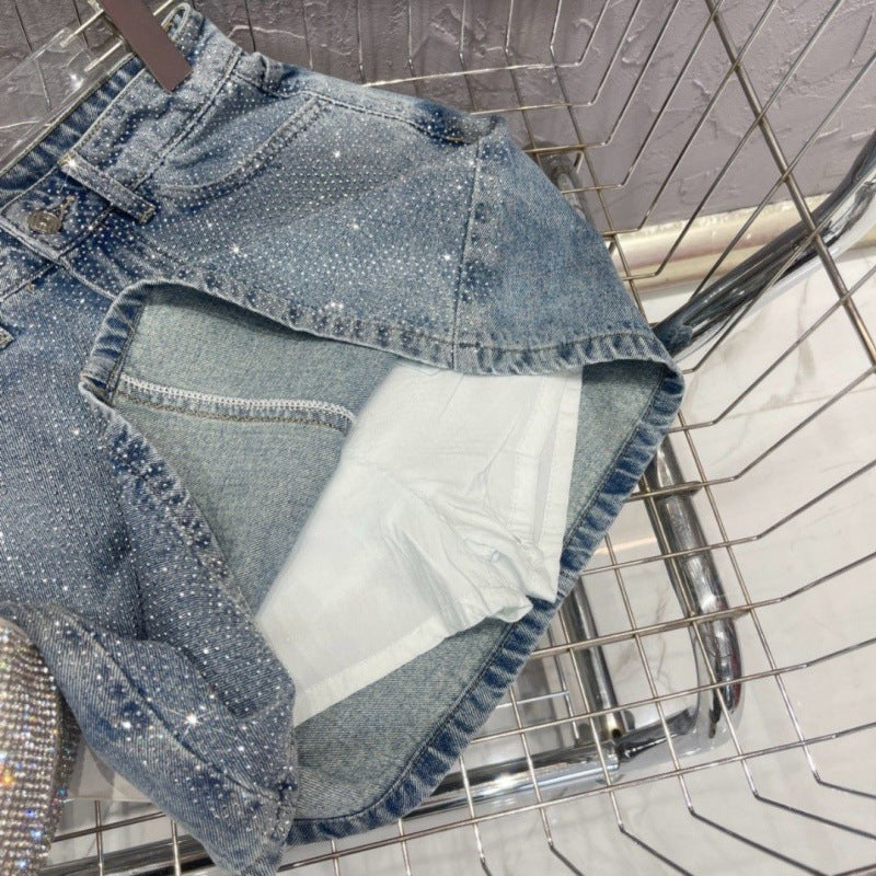 style Starry Hot Rhinestone Versatile Slimming Casual Denim Skirt For Women