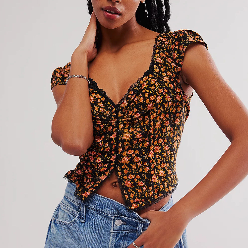 Womens Floral V-Neck Midriff-Baring Cropped TopTube Top