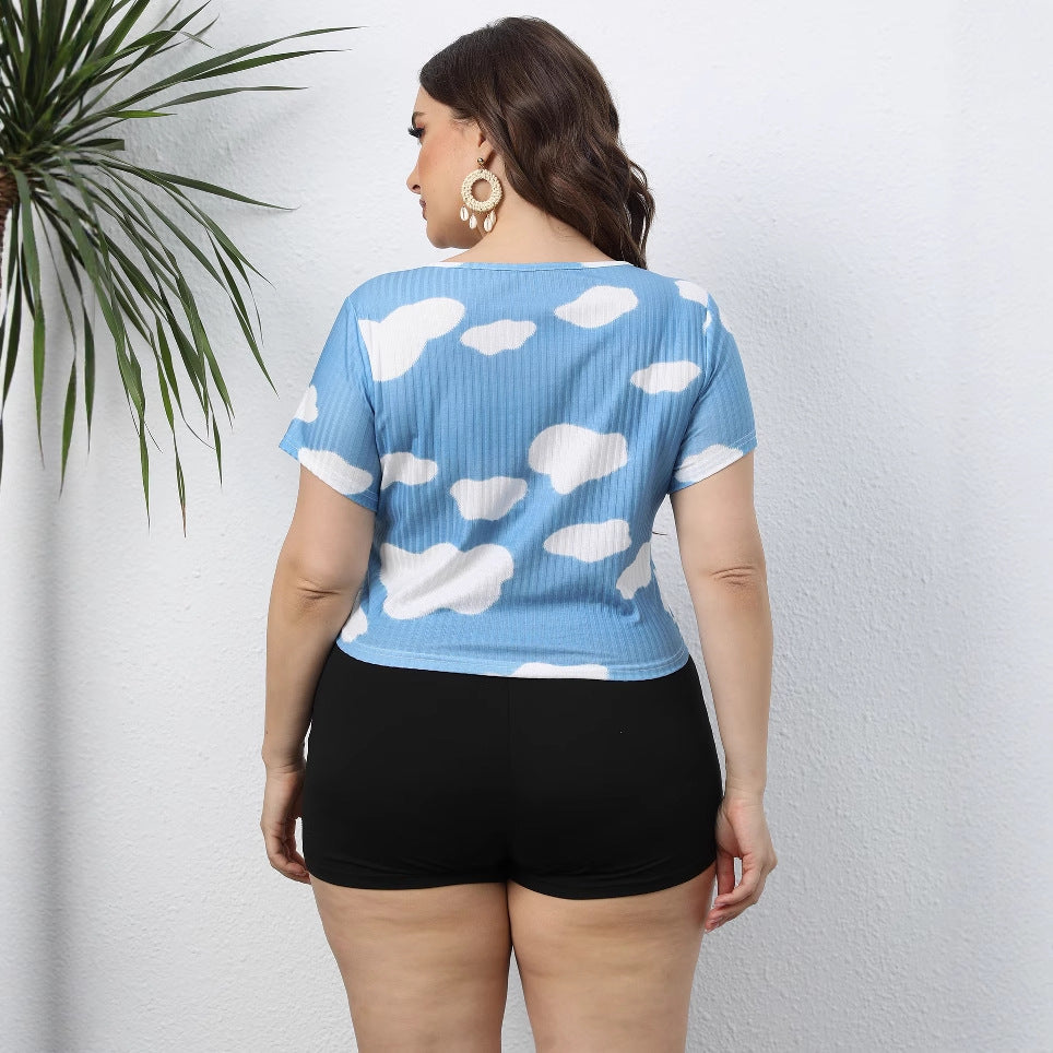 Plus-size Women's White Cloud Print Short Ribbed Top Casual Short Sleeve Crop T-shirt