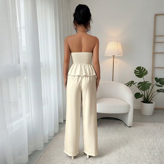 Off-the-shoulder Top And Wide-leg Pants Solid-color Set