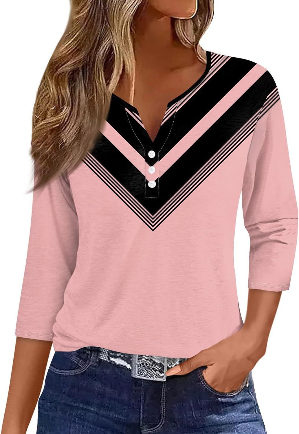 Dame V-hals Tre-knaps 3/4 Ærme Ensfarvet Gradient Blomstret Top