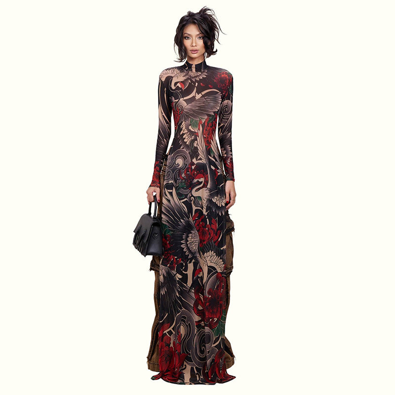 Stylish Half-high-neck Long-sleeve Top With A Bold Animal Print Featuring A High Slit For A Modern Edgy Look