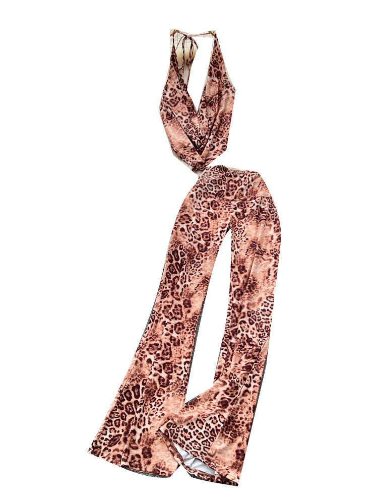 Sexy Scooped-neck Leopard-print Tank Top With High-waisted Flared Pants