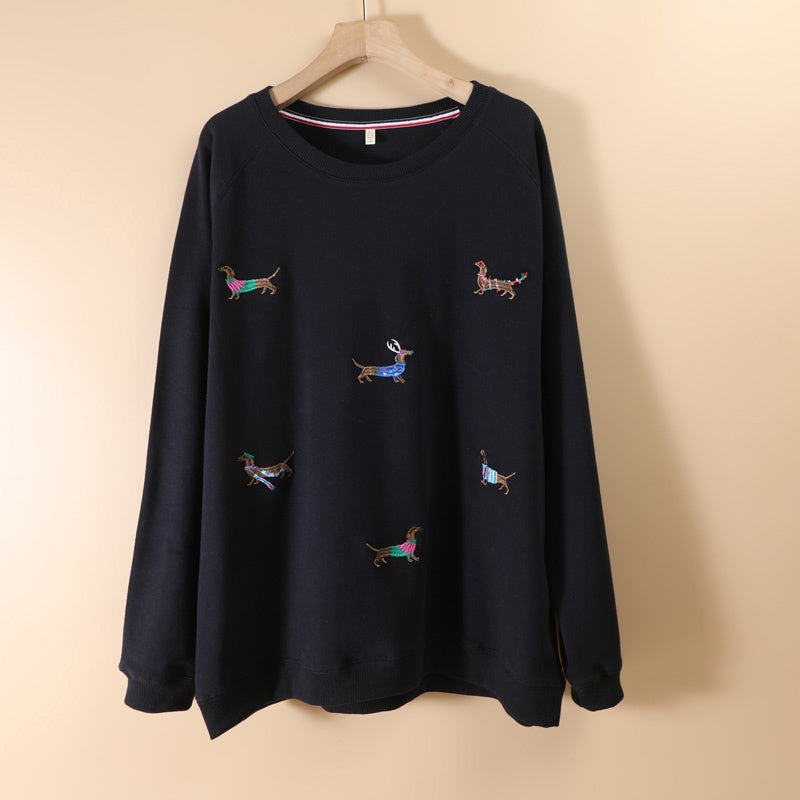 Broderet Gravhund Hund Løstsiddende Oversized Rundhalset Pullover Fleecetrøje