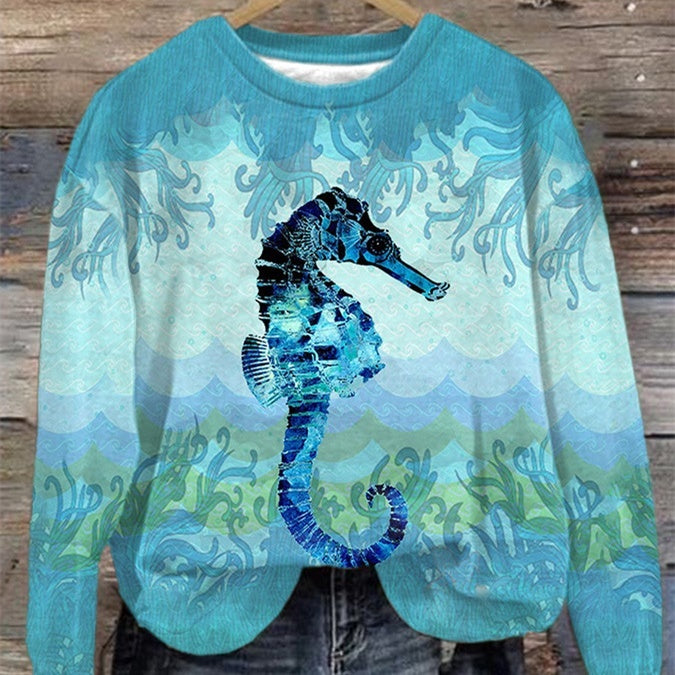 Kvinders Efterårs- og Vintertrends Digitaltrykt Rundhalset Sweater med Slidsede Skuldre og Lange Ærmer