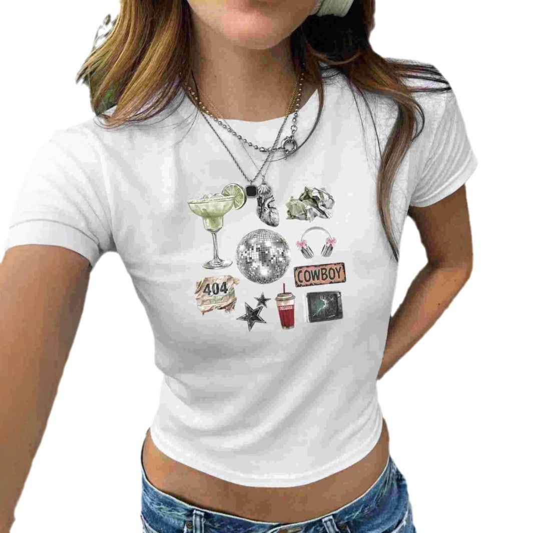 Womens Summer Casual T-Shirt With Metal Ball And Letter Print