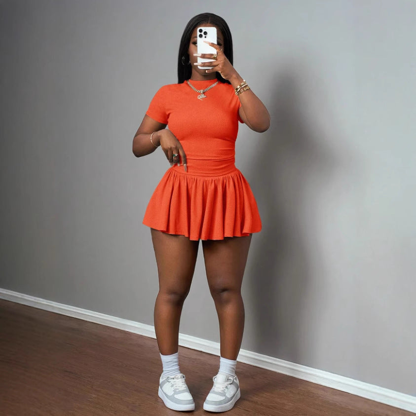 Elegant Women's Clothing Rib Round-neck Short Sleeves And Skirt Suit