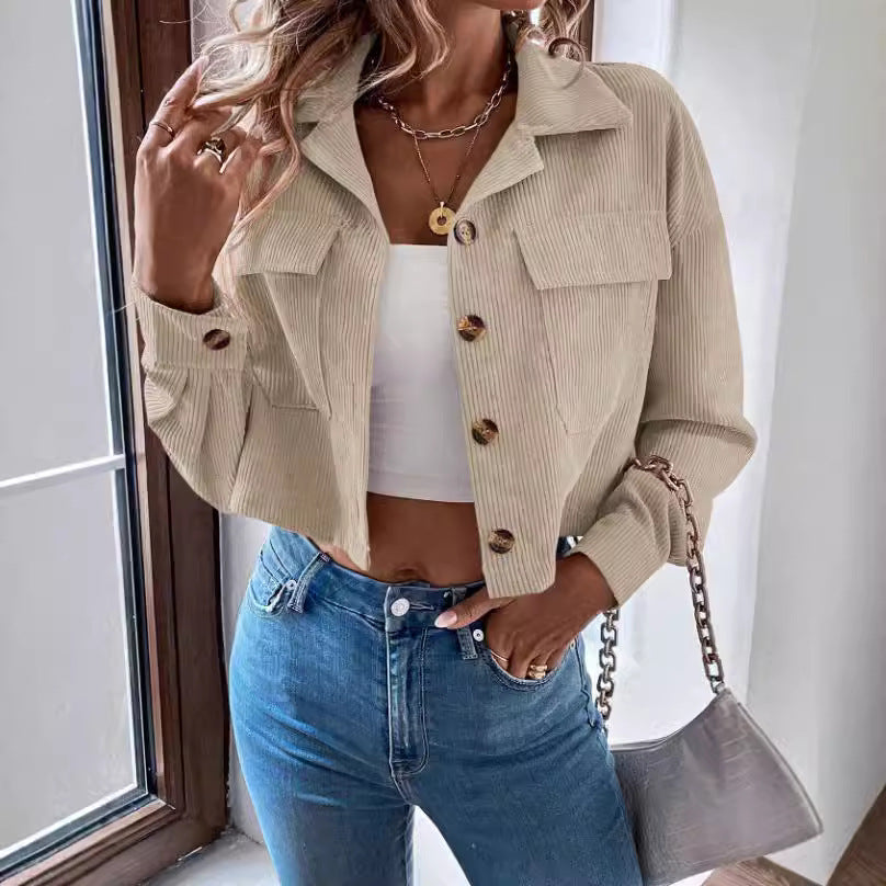 Women's Fashion Short Corduroy Button Jacket Casual Short Coat