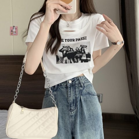 High-Waisted Midriff-Baring Retro American-Style Short-Sleeve T-Shirt