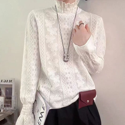 Women's Elegant Jacquard Lace Knit Long Sleeve Base Shirt