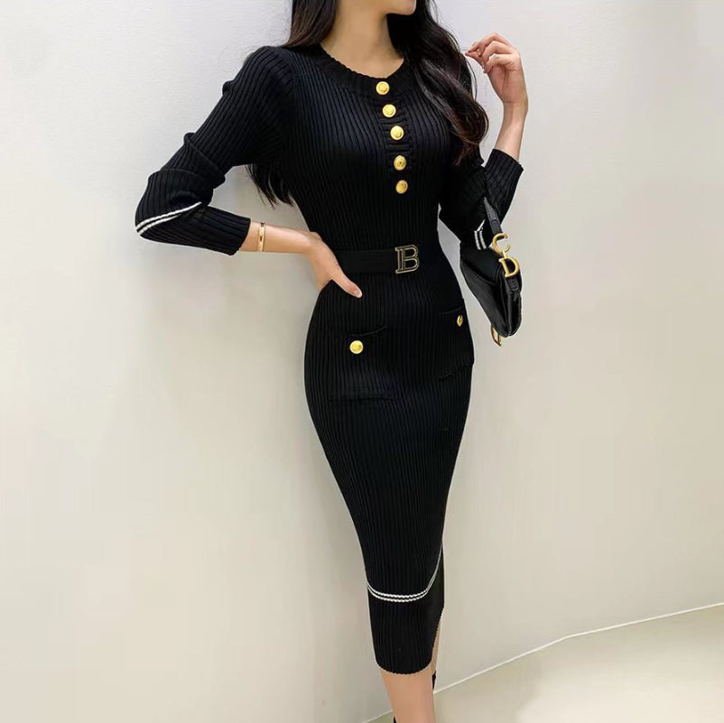 French-style Elegant Figure-flattering Crew-neck Dress
