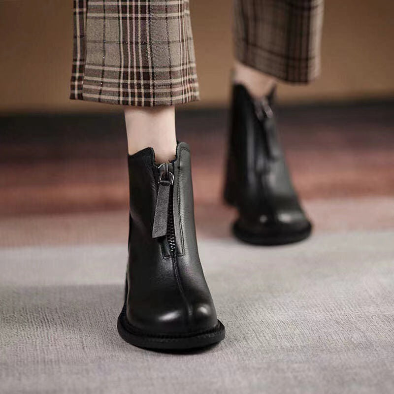 Autumn Leather Soft-soled Short Boots With Front Zipper And Thick Heel