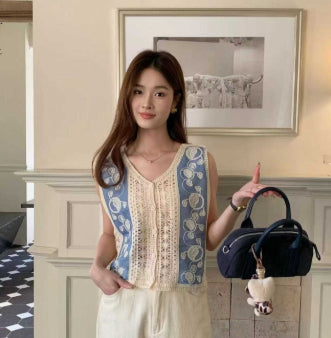 Heavy Industry Crochet Embroidery Denim Waistcoat Vest