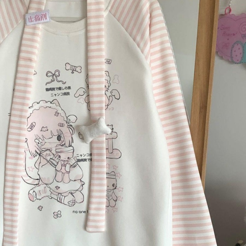 Sweet Girl Kitten  Striped Round Neck Fleece-lined Sweater