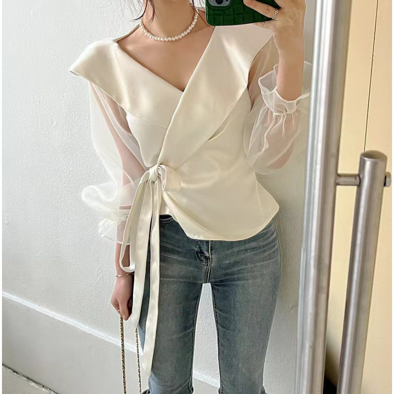 Womens V-neck Panelled Puff-Sleeve Bow-Tie-Neck Blouse