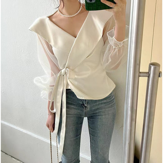 Womens V-neck Panelled Puff-Sleeve Bow-Tie-Neck Blouse