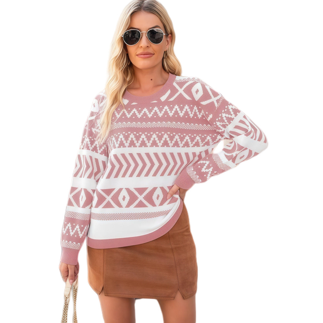 Intellectual Style Unique Long Sleeve Round Neck Knitted Sweater