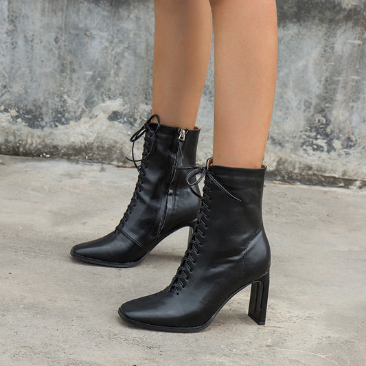 Fashion Leather Front Lace-up Thick Heel Women's Boots