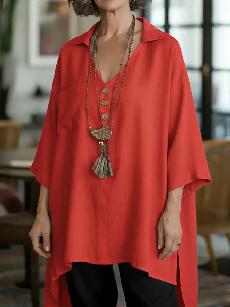Loose-fit Cotton-linen Top With Buttons For Women