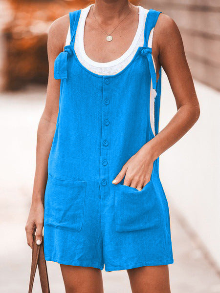 Women's Solid Color Patch Pocket Tie Cotton Linen Bib Pants