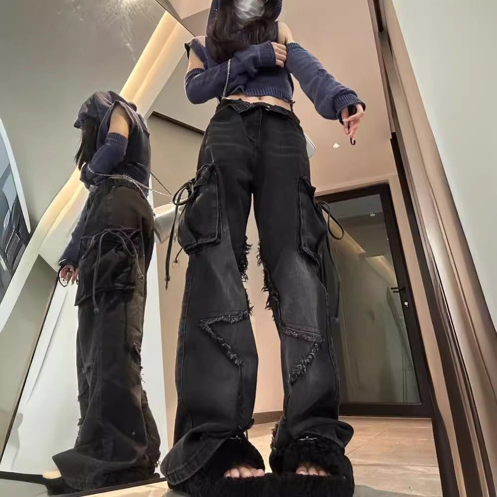 Forår og efterår amerikanske retro XINGX-jeans til kvinder med mange lommer