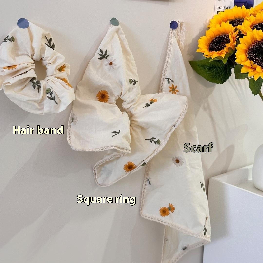 Irregular Embroidery Bellis Perennis Sweet Cotton And Linen Niche Female Hair Band Headscarf
