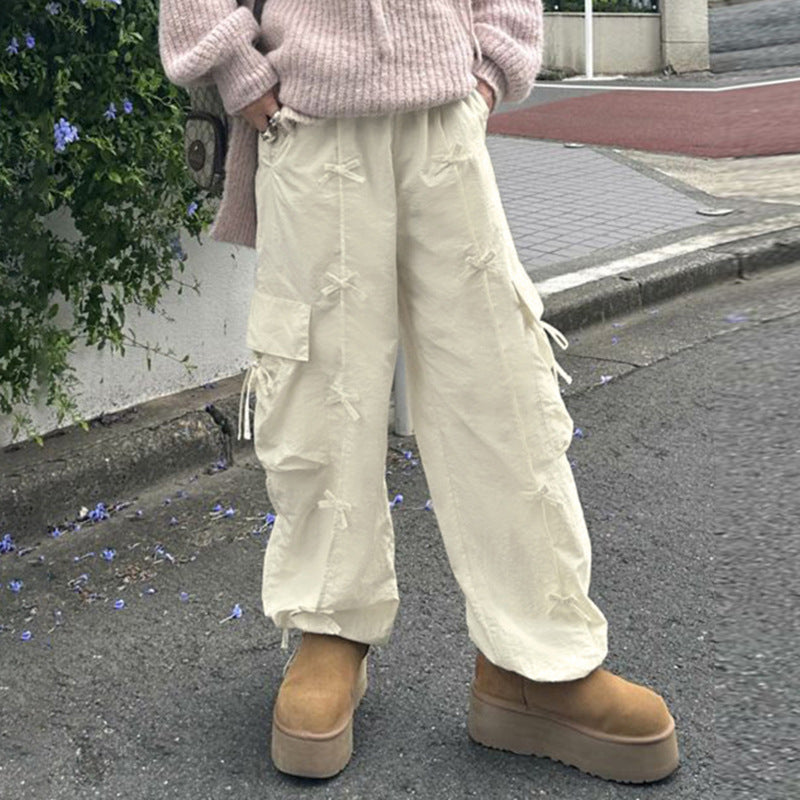 Bow Pocket Patchwork Overalls Straight-leg Trousers