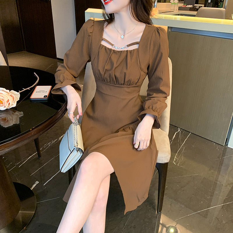 French Vintage Square Neck Temperament Irregular High Waist Slim Dress